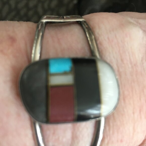 Native American Indian Inlay Silver Bracelet: Quartz, Obsidian, Turquoise, Coral - Picture 6 of 8